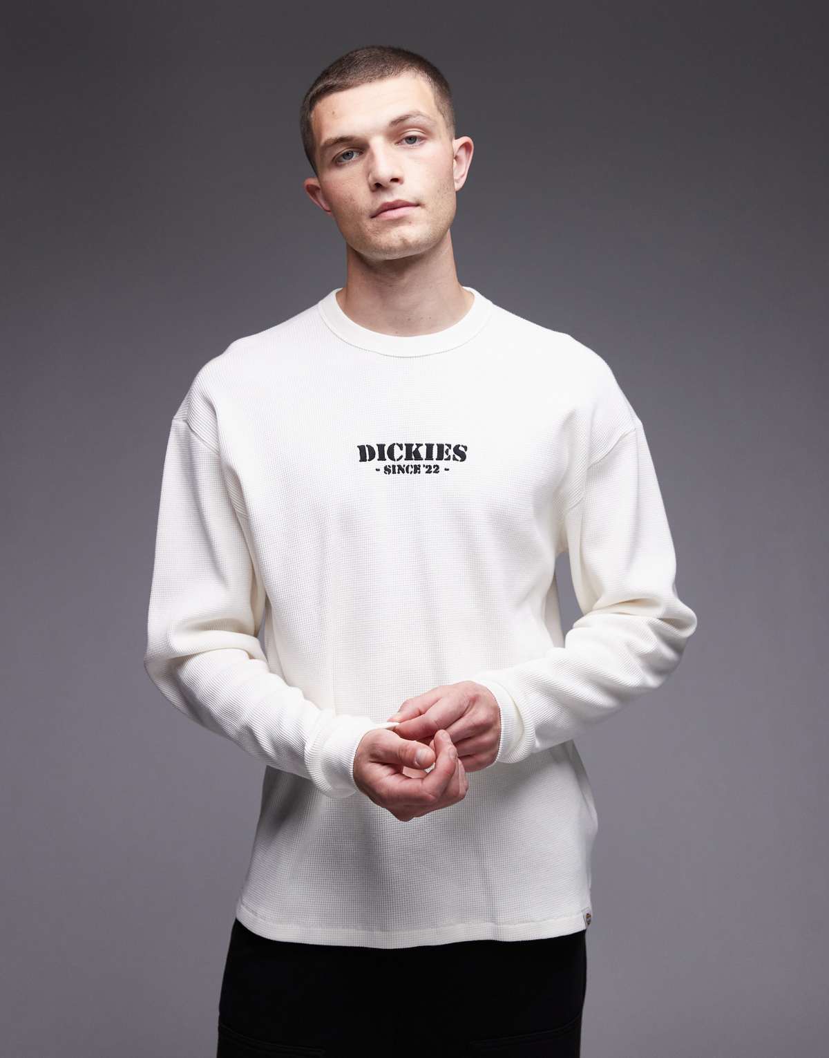 Dickies waffle long sleeve t-shirt with central logo in off white