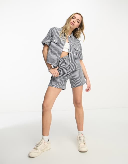 Dickies - Werkoverhemd met hickory strepen en korte mouwen in blauw