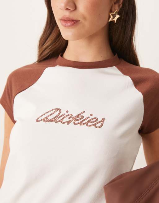 Dickies western rope logo raglan baby tee in off white and cappuccino brown, 2 of 4