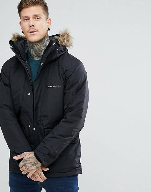 Didriksons 1913 Marc Parka in Black with Faux Fur Collar in Black | ASOS