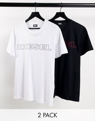 Diesel 2 pack chest logo lounge t-shirts in white/black