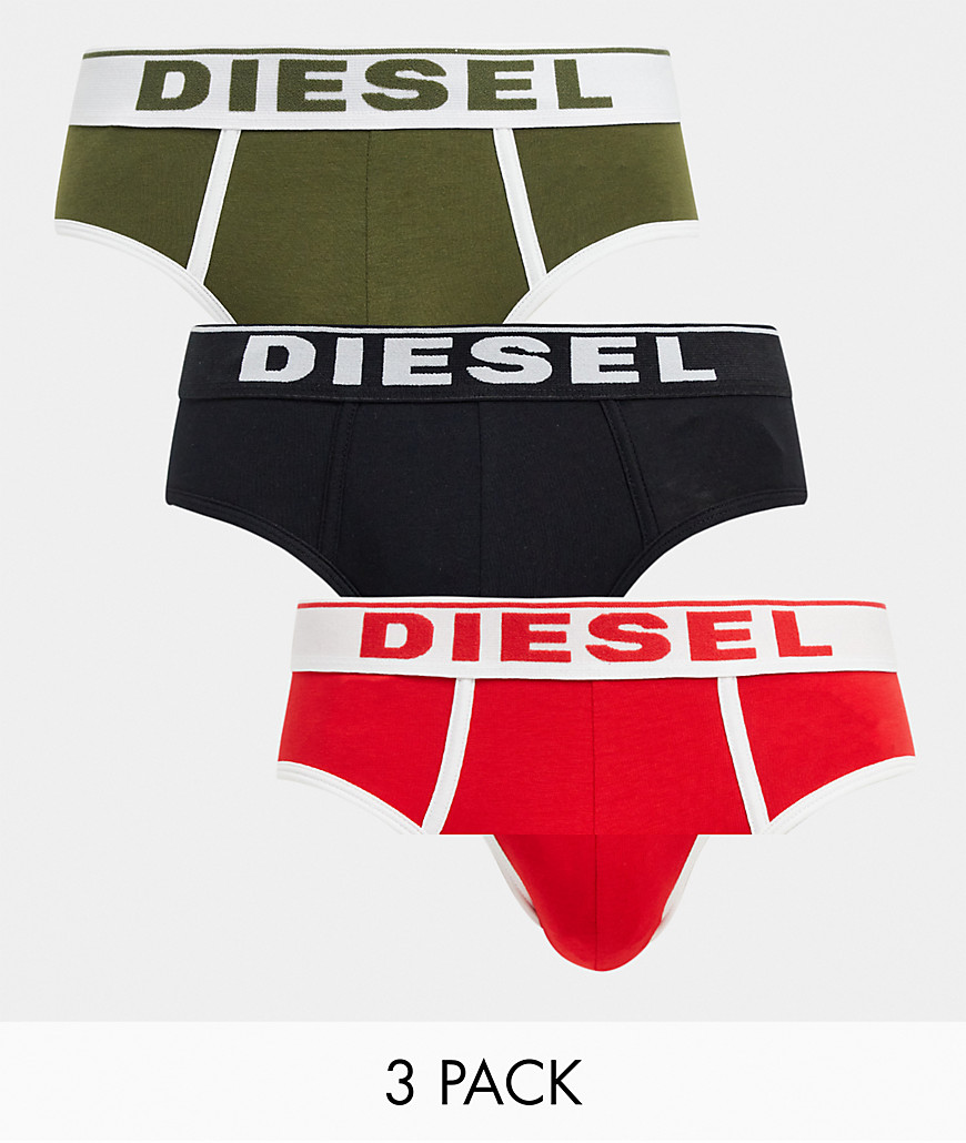 Diesel 3 pack briefs with white logo waistband in red/khaki/black