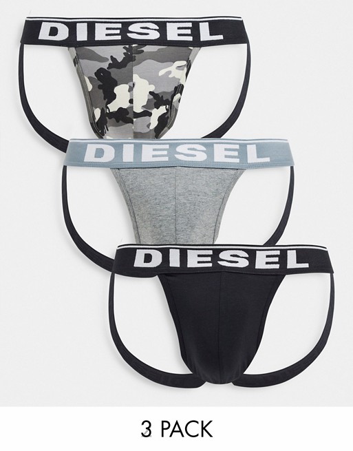 Diesel 3 pack camo jockstrap in grey/black
