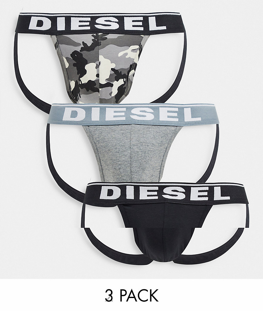 Diesel 3 pack camo jockstrap in grey/black-Multi