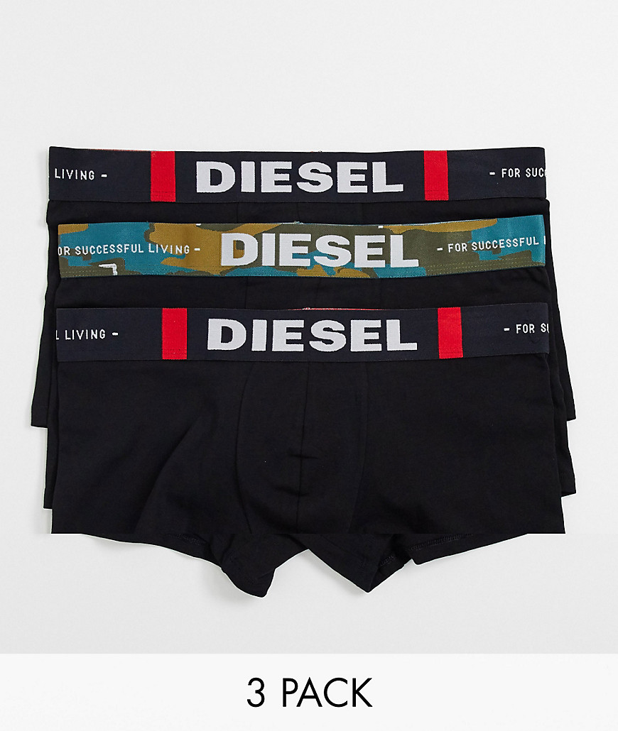 Diesel 3 pack camo logo waistband trunks in black