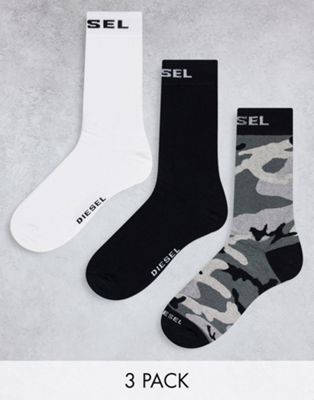 Diesel 3 pack camo socks in black/white/black