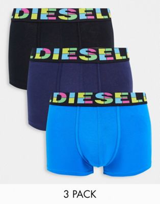 Diesel 3 pack colour logo waistband trunks in black/navy/blue