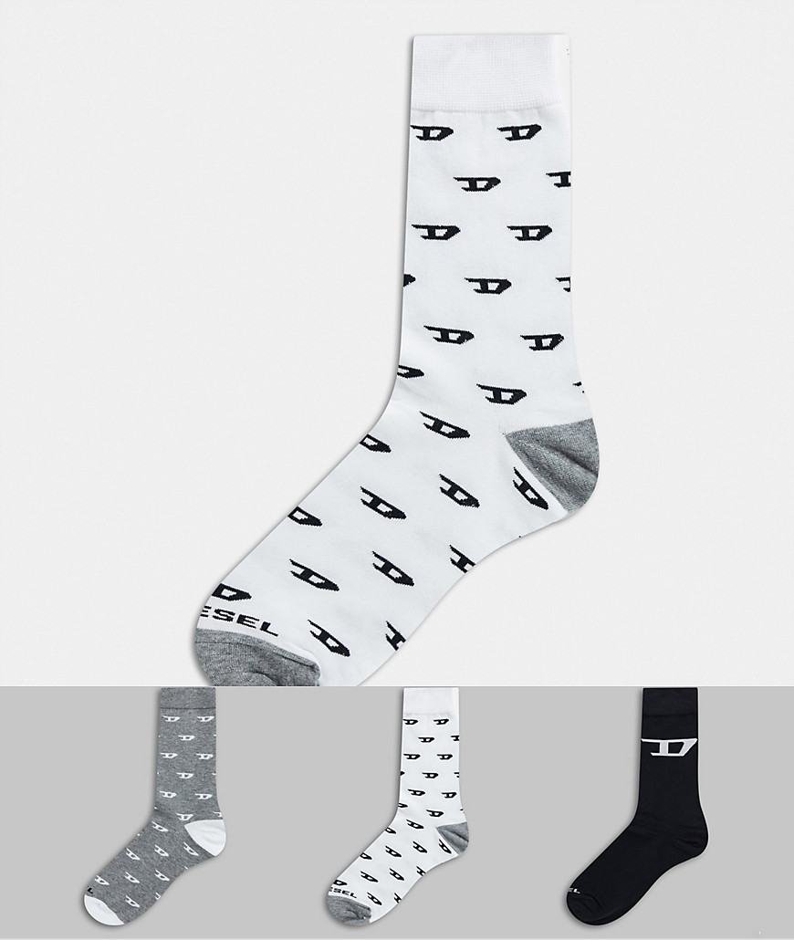 Diesel 3 pack D division print socks in black/white/grey-Multi