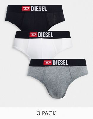 Diesel 3 pack d logo waistband briefs in black/white/grey
