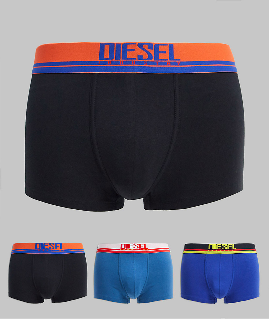 Diesel 3 pack industry logo trunks with contrast waistband in multi blue