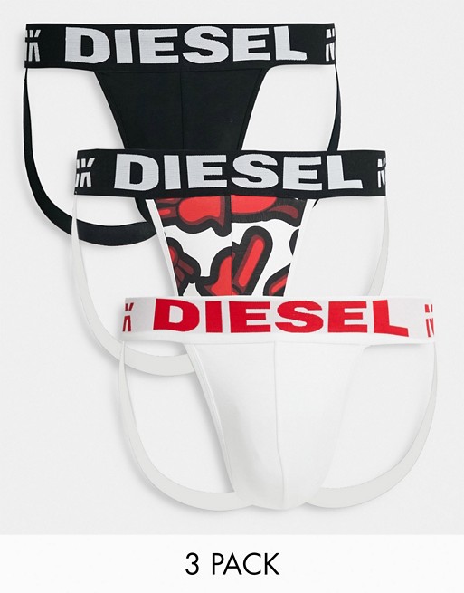 Diesel 3 pack jockstrap with hand print in white/black/red