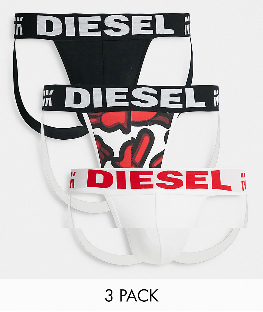 Diesel 3 pack jockstrap with hand print in white/black/red-Multi