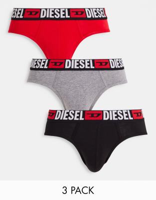 DIESEL 3 PACK LARGE WAISTBAND LOGO BRIEFS IN BLACK/WHITE/GRAY-MULTI