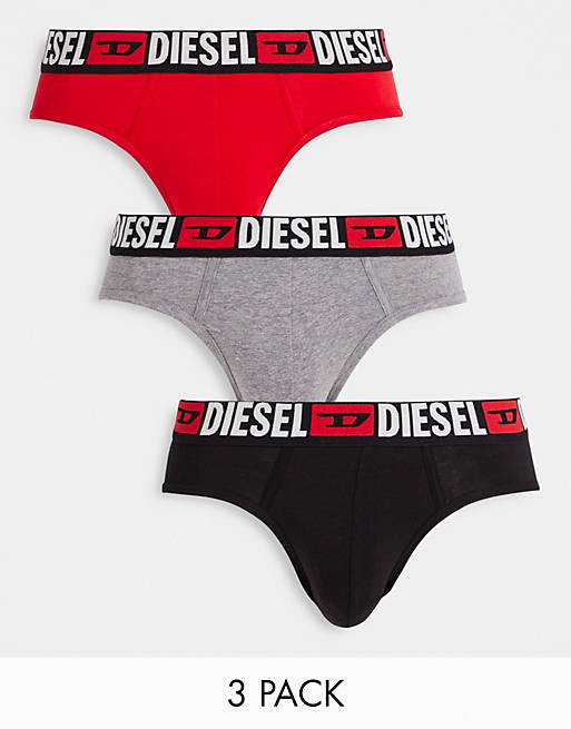 Men Underwear/Diesel 3 pack large waistband logo briefs in black/white/grey 