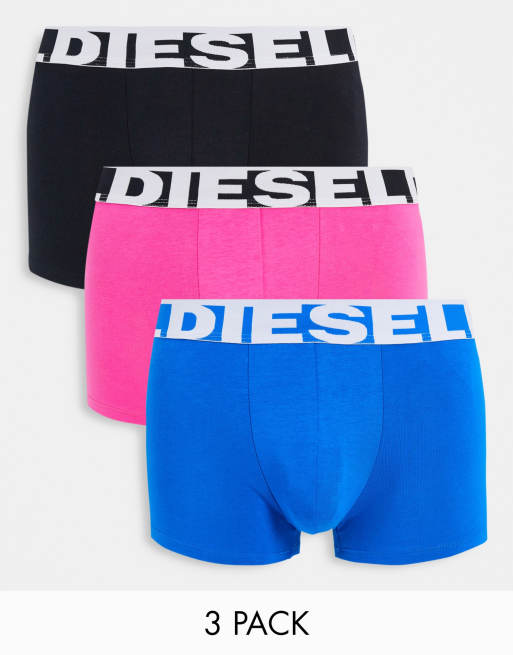 Diesel 3 pack large waistband logo trunks in black/pink/blue