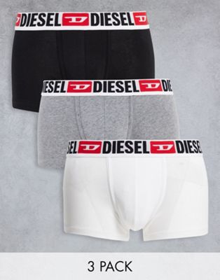 Diesel 3 pack large waistband logo trunks in black/white/grey