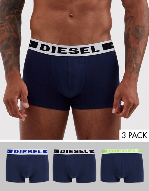 Diesel 3 pack logo contrast waistband trunks in navy