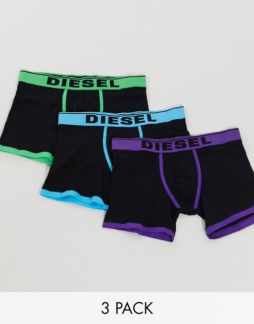 Diesel 3 pack logo longer leg trunks with contrast piping in black