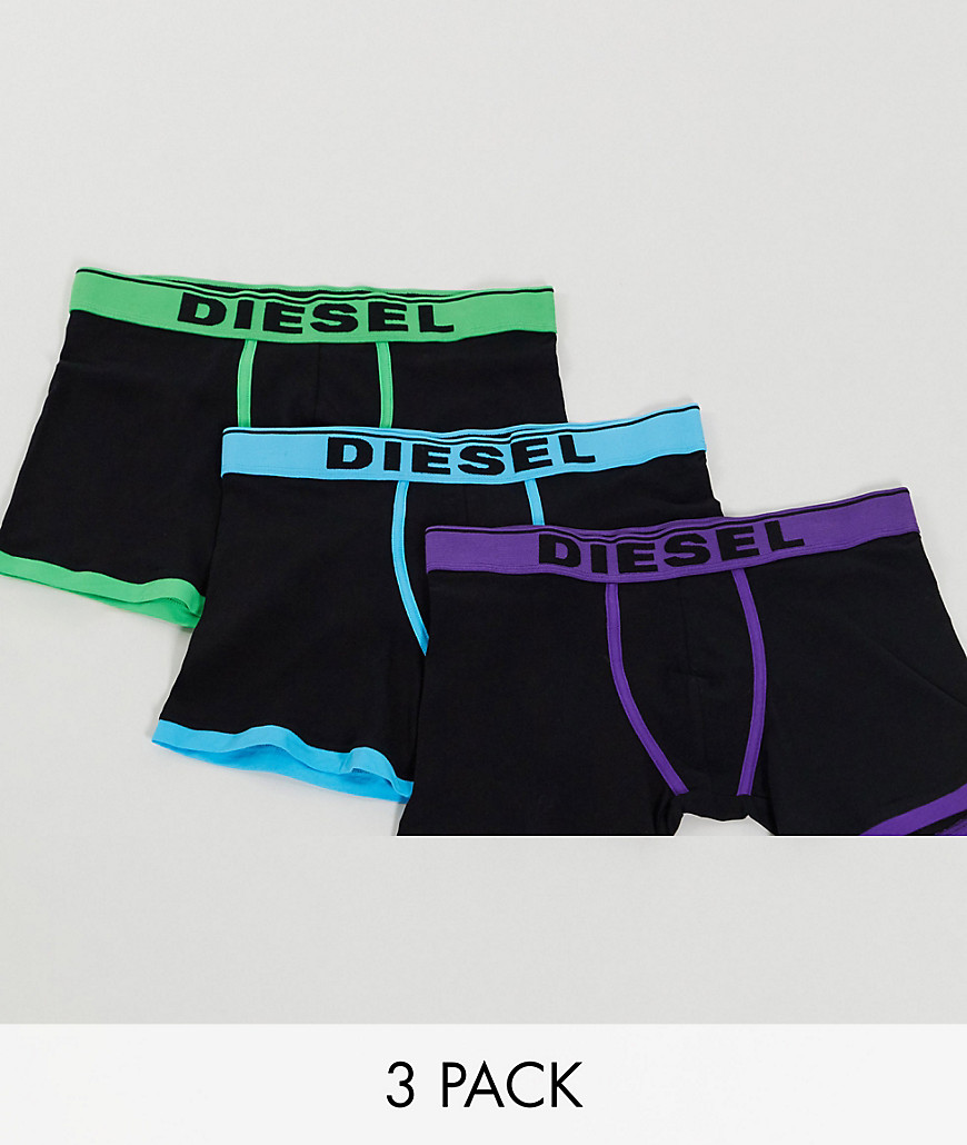 Diesel 3 pack logo longer leg trunks with contrast piping in black