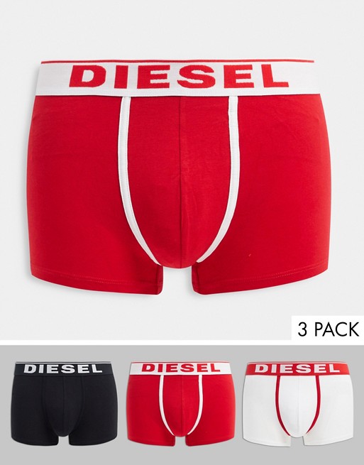Diesel 3 pack logo trunks with contrast piping in black/red/white