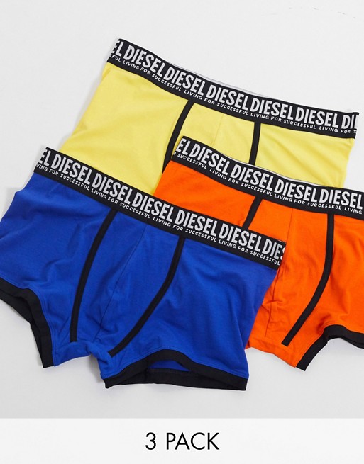 Diesel 3 pack logo trunks with contrast piping in black/yellow/purple