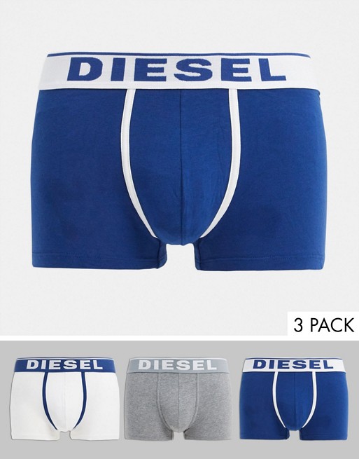 Diesel 3 pack logo trunks with contrast piping in white/grey/blue