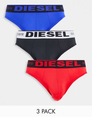 Diesel 3 pack logo waistband briefs in black/red/blue