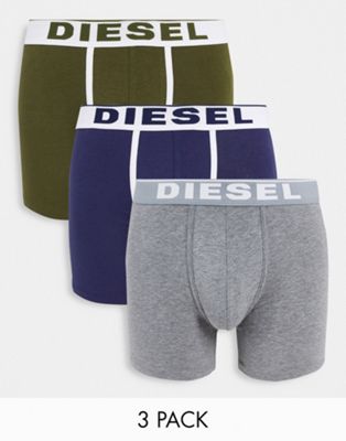 Diesel 3 pack logo waistband seam trunks in blue/grey/khaki