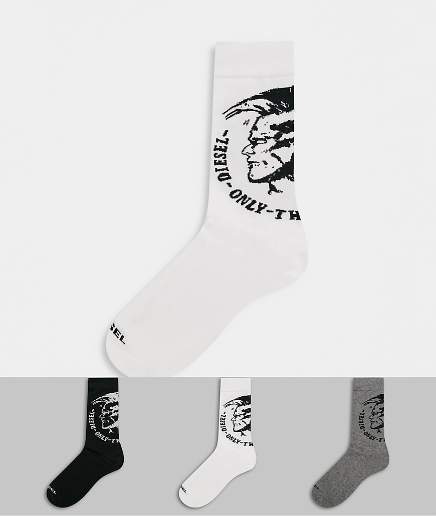 Diesel 3 pack mohawk logo socks in black/white/grey-Multi