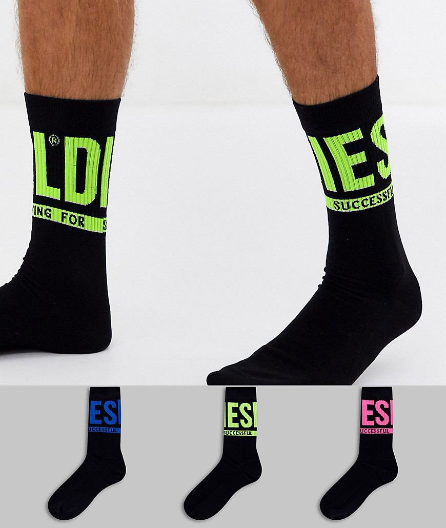 Diesel 3 pack neon logo socks in black