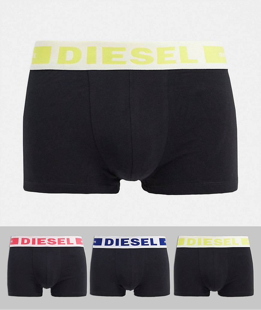 Diesel 3 pack neon waistband logo trunks in black