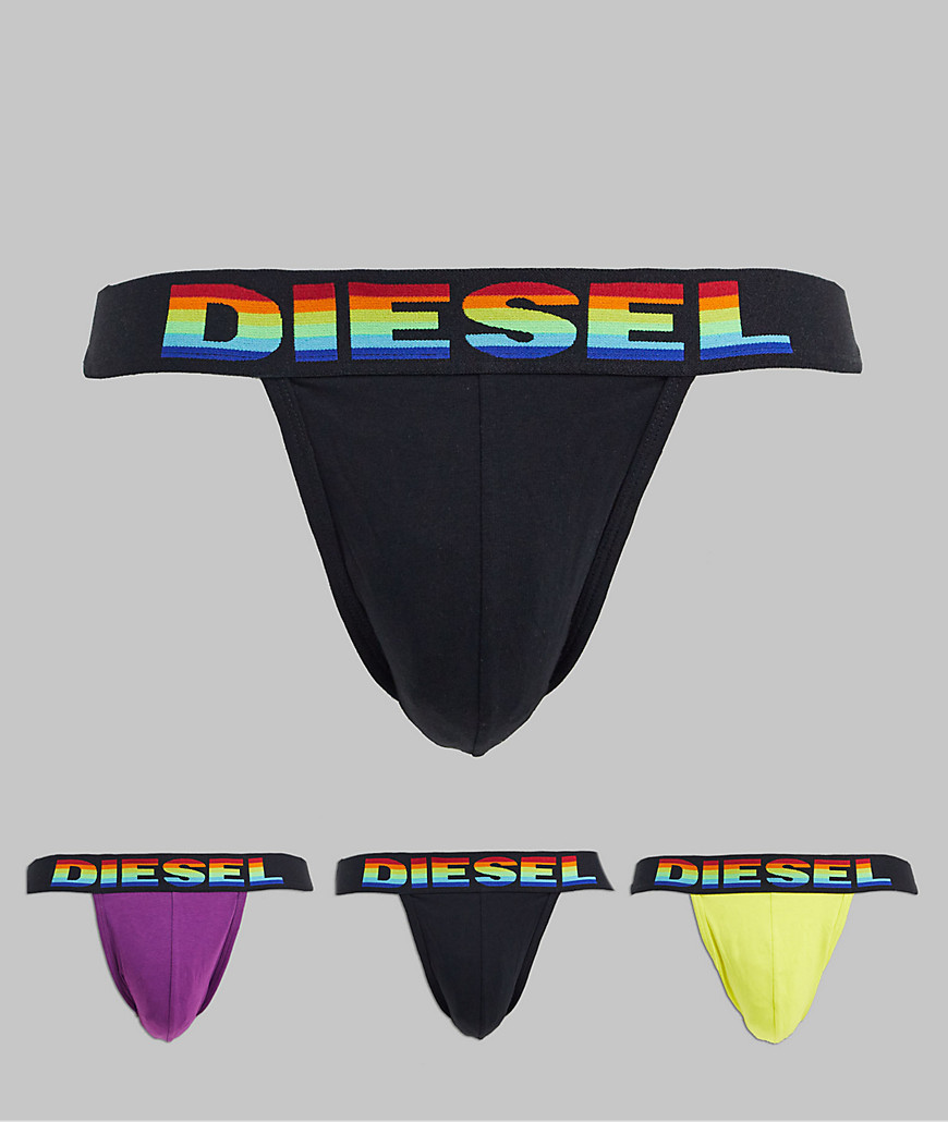 Diesel 3 pack rainbow logo jockstrap in black/yellow/purple-Multi