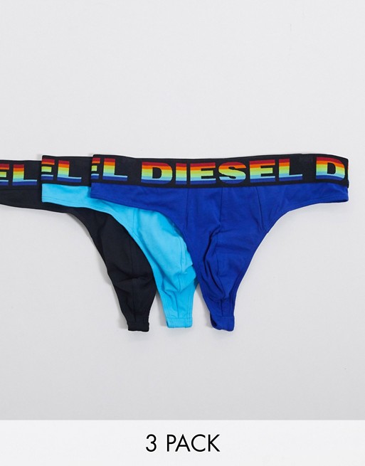 Diesel 3 pack rainbow logo thongs in black/blue/teal