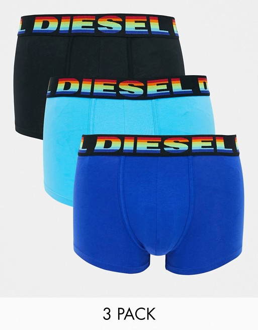 Diesel 3 pack rainbow logo waistband trunks in black/blue/teal