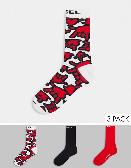 Diesel 3 pack socks with hand print in white/black/red
