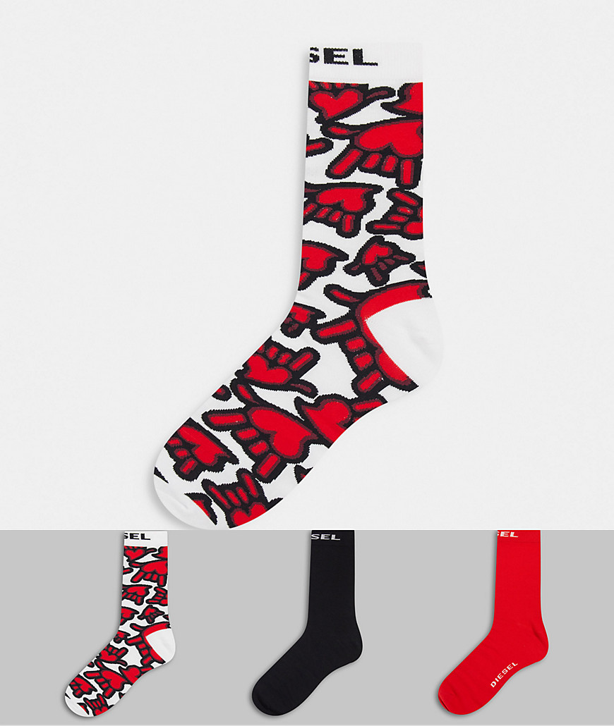 Diesel 3 Pack Socks With Hand Print In White/black/red-multi
