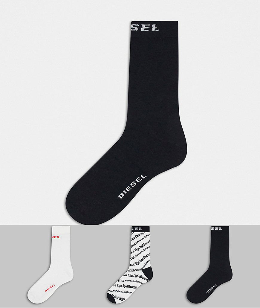 Diesel 3 pack socks with text logo in white/black-Multi