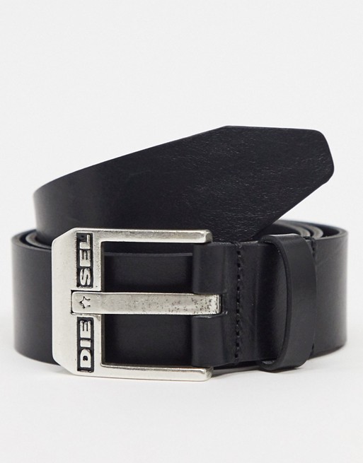 Diesel buckle logo leather belt in black