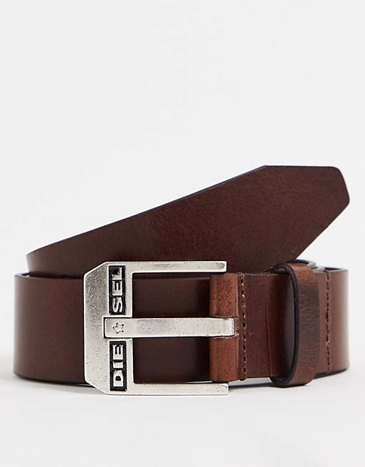  Diesel buckle logo leather belt in brown 