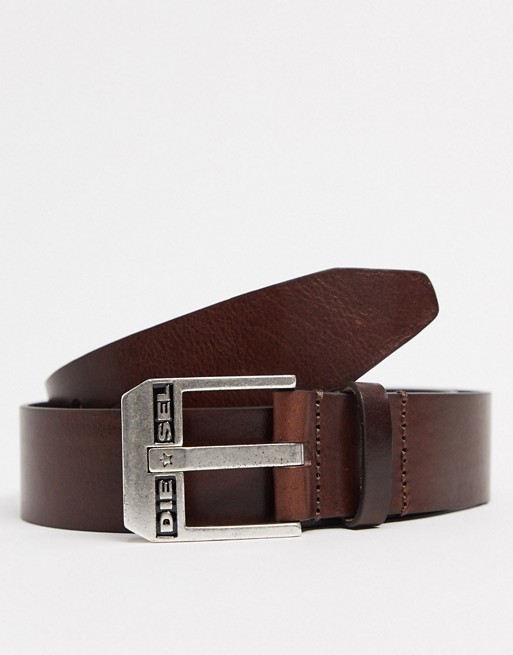 Diesel buckle logo leather belt in brown
