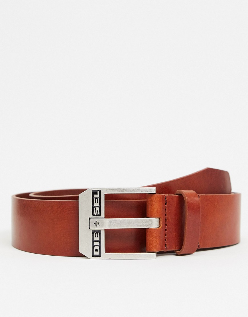 Diesel buckle logo leather belt in tan-Brown