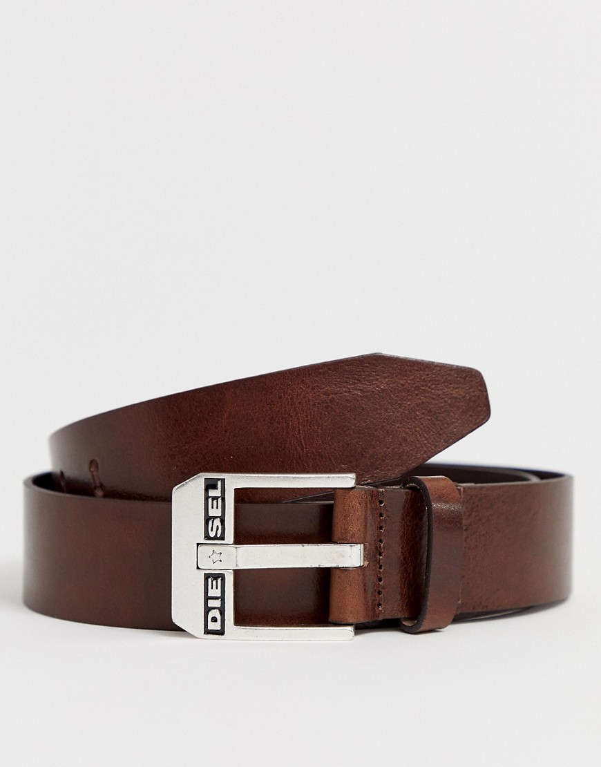 Diesel - Cintura in pelle marrone con fibbia con logo