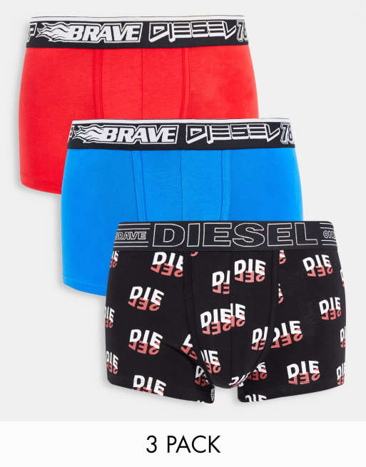 Diesel - Confezione da 3 paia di boxer aderenti blu/rossi/stampati con elastico con logo in vita 