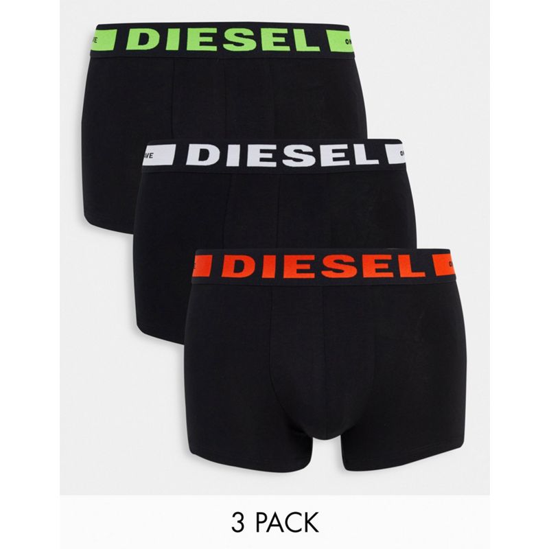 GJjgI Uomo Diesel - Confezione da 3 paia di boxer aderenti neri con elastico in vita con logo fluo 