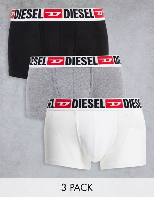Diesel - Confezione da tre boxer aderenti con fascia in vita larga in nero, bianco e grigio con logo 