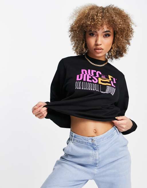 Diesel – f-ang-k14 – Sweatshirt in Schwarz mit neonfarbenem Logo