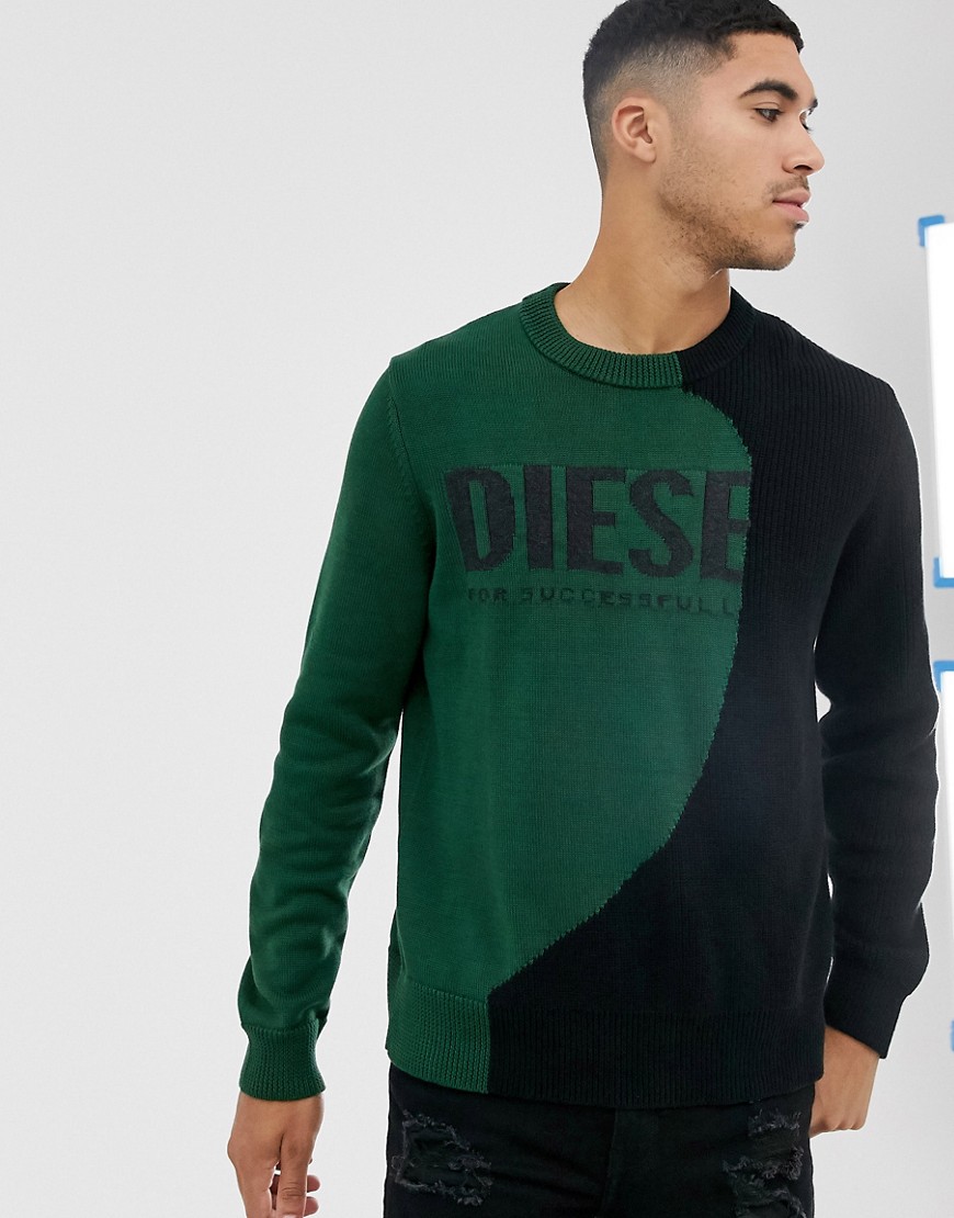 Diesel K-Half logo intarsia jumper in green and black