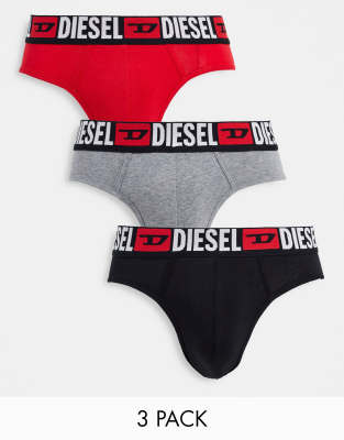 DIESEL LOGO 3 PACK BRIEFS IN BLACK/GRAY/RED-MULTI