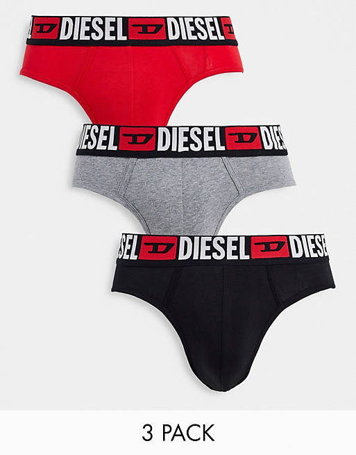Men Underwear/Diesel logo 3 pack briefs in black/grey/red 
