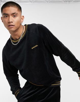 Diesel – Lounge-Sweatshirt aus Velours in Schwarz mit goldfarbenen Details